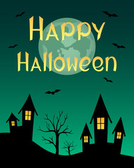 Wall Mural - Halloween card. Bats flying over night town. Cartoon. Vector illustration.