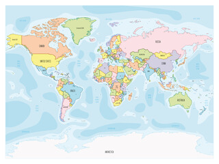 Naklejka na meble Political map of World. Colorful hand-drawn cartoon style illustrated map with bathymetry. Handwritten labels of country, capital city, sea and ocean names. Simple flat vector map.