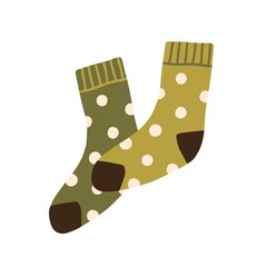 Wall Mural - Pair of warm wool socks with polka dot pattern. Winter woolen feet clothes. Cute cozy cotton foot apparel. Trendy hosiery design. Flat vector illustration isolated on white background