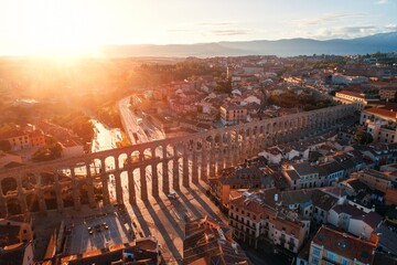 Wall Mural - Segovia Roman Aqueduct aerial sunrise view