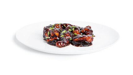 Spicy chicken in sweet and sour sauce with chili pepper. Teriyaki chicken with sesame seeds. Isolated on white background.