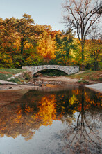 A Beautiful Stone Arch Bridge Crosses Over Pea's Creek, A Tributary Of The Des Moines River, With Gorgeous Water Reflections During A Colorful Fall Morning In Ledges State Park, Madrid, Iowa.