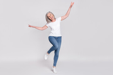 Sticker - Full body photo of cheerful aged woman happy positive smile have fun isolated over grey color background