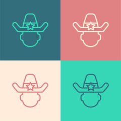 Sticker - Pop art line Sheriff cowboy hat with star badge icon isolated on color background. Police officer. Vector