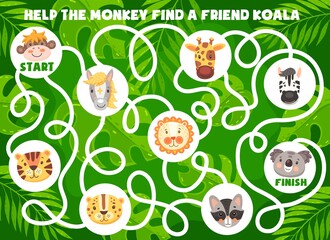 Funny cartoon animals. Kids labyrinth maze game, find a friend logical game or riddle, puzzle with finding way task. Vector monkey, horse and giraffe, zebra, lion and tiger, cheetah, raccoon and koala