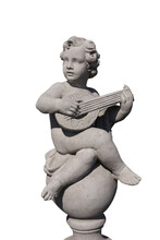 Ancient Stone Sculpture Of Naked Cherub Playing Lute On White Background