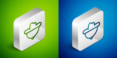 Wall Mural - Isometric line Western cowboy hat icon isolated on green and blue background. Silver square button. Vector