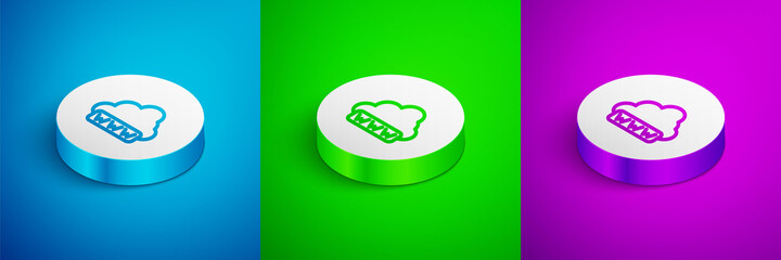Isometric line Software, web development, programming concept icon isolated on blue, green and purple background. Programming language and program code on screen laptop. White circle button. Vector