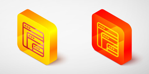 Isometric line Software, web developer programming code icon isolated on grey background. Javascript computer script random parts of program code. Yellow and orange square button. Vector