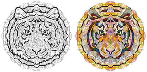 Wall Mural - Zentangle tiger head with mandala. Hand drawn decorative vector illustration for coloring
