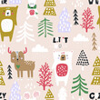 Seamless winter pattern with bear, deer, mouse and colorful christmas tree. Creative holiday texture. Great for fabric, textile Vector Illustration