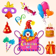 Celebration Decorative Icons Colored Set With Clown Balloon Gift Box Isolated Vector