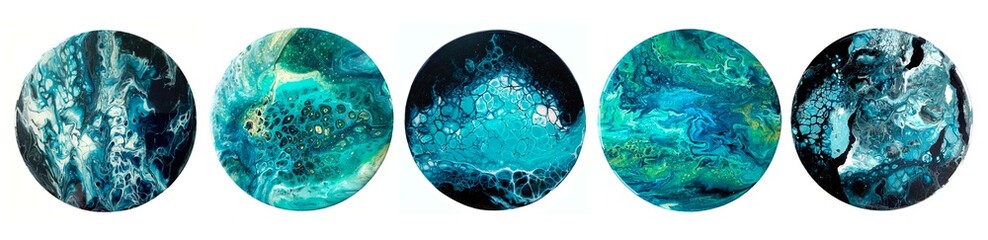 Set of round icon blue, turquoise, green and black color abstract paintings. fluid acrylic, pour art, acrylic pouring, texture, cells, bubbles.