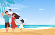 © Tanya - Family vacation on the beach, parents have fun with children at the sea. Mom and dad with a girl and a boy relax in the summer. Flat cartoon illustration. Banner with copyspace.