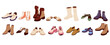 © SickleMoon - Female modern boots and shoes collection. Trendy sandals and loafers set. Different fashionable sneakers and training shoes in cartoon style.