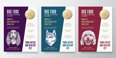 Wall Mural - Pet Food Label Templates Set. Abstract Vector Packaging Design Layouts Collection. Typography Banners with Hand Drawn Cockapoo, Husky and Spaniel Dog Breeds Sketch Faces Background. Isolated