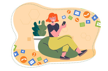 Wall Mural - smiling female character is holding smartphone with social media messages, icons and emoji