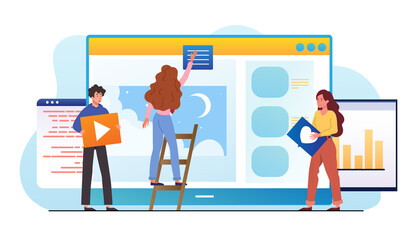 Wall Mural - male and female characters are using software development tools