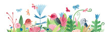 Watercolor Illustration With Wildflowers, Birds, Herbs And Butterflies. Panoramic Horizontal Isolated Illustration. Horizontal Banner. Flower Meadow With Birds.