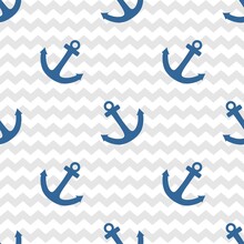 Tile Sailor Vector Pattern With White Anchor On Grey Zig Zag Stripes Background