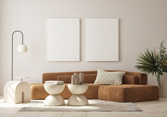 mock up poster frame in modern interior background, living room, minimalistic style, 3D render, 3D illustration