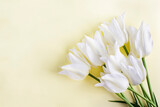 Fototapeta Tulipany - Spring delicate tulips on a white wooden background. Top view flower arrangement.