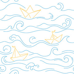 Sketch background with blue waves and paper ships. Seamless pattern illustration of ocean surf wave.