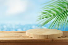 Empty Wooden Log On Rustic Table Over Blurred Sea Beach Background.  Summer Mock Up For Design And Product Display.