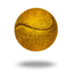 Golden tennis ball on a white background with tenbyu, a symbol of golden victory in the competition