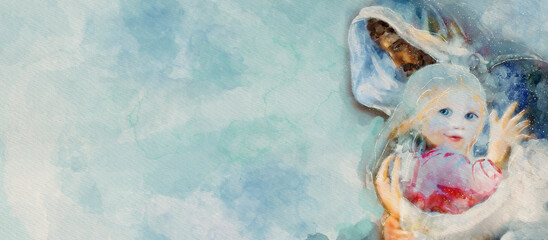 Wall Mural - Jesus with a child. Watercolor christian background