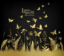 Floral Field With Golden Flowers, Herbs And Butterflies On Black Background.