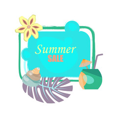 Banner Summer Sale. Retro style frame with monstera leaves, jasmine, seashell and exotic drink 2