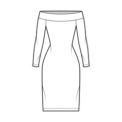 Wall Mural - Dress off-the-shoulder Bardot technical fashion illustration with long sleeves, fitted body, knee length pencil skirt. Flat apparel front, white color style. Women, men unisex CAD mockup