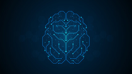 Abstract brain form electronic circuits lines pattern. Point connecting network on blue background