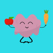 human brain cartoon character meditates in lotus position and holds carrot and apple object on blue background healthy lifestyle concept