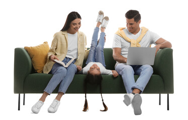 Canvas Print - Happy family resting on comfortable green sofa against white background