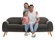 © New Africa - Happy family resting on comfortable grey sofa against white background