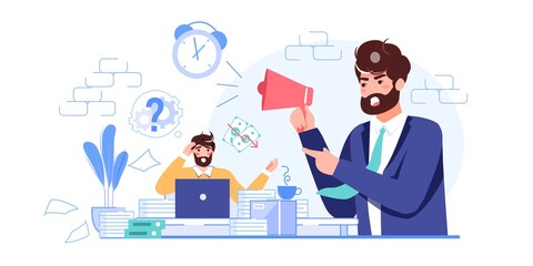 Vector cartoon flat boss manager,office worker characters in work conflict scene.Angry boss shout at bad employee character,deadline failure-office work stress situation,web site banner concept