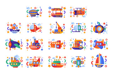 Sticker - Big Set of Air and Water Transport Vehicles, Airplane, Airship, Helicopters, Ship, Boat, Submarine Flat Vector Illustration