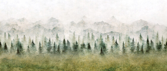 Watercolor landscape of forest and mountains. Wild nature background.