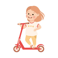 Poster - Happy Little Girl Riding on Kick Scooter Pushing Off the Ground Vector Illustration