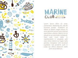 Poster - Marine Club Card Template, Poster, Banner, Background with Nautical Seamless Pattern and Text Vector Illustration