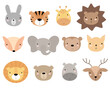 A set of cute cartoon animal heads. Suitable for stickers, posters, postcards, invitations. Vector illustration. Rabbit, Tiger, Giraffe, hedgehog, Fox, Elephant, Monkey, Squirrel, Lion, Bear, Hippo
