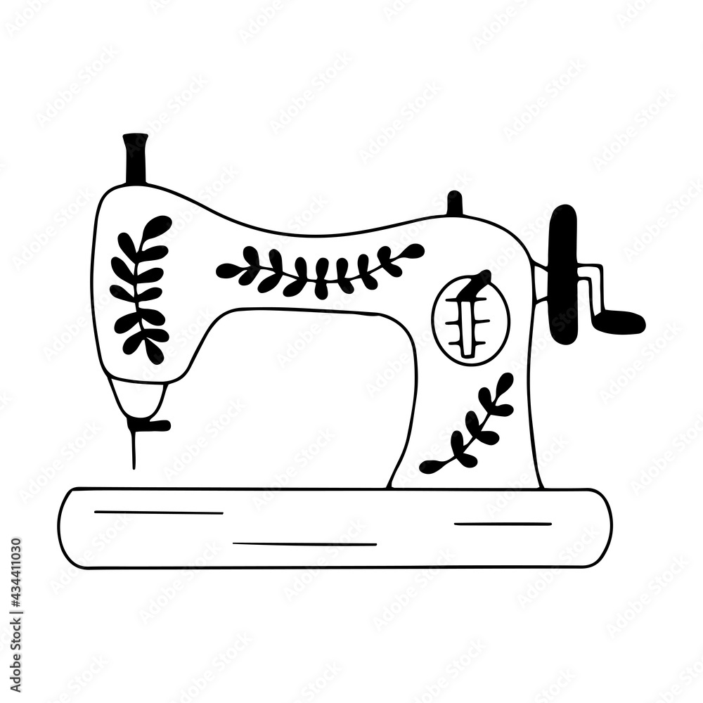 Vintage sewing machine. Black and white vector illustration in doodle ...