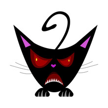 Angry Black Cat With Red Eyes And Sharp Teeth Opened Its Mouth On A White Background Concept Of Dangerous Animals