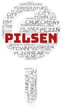Pilsen and related concepts illustrated in a wordcloud shape like a map-pin over a white opaque background.