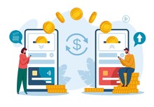 Money Transfer. Receiving Payment With Smartphone. Digital Bank Or Electronic Wallet Phone App, Mobile Money Transactions Vector Concept. Capital Flow, Earning Or Making Money, Wireless Devices