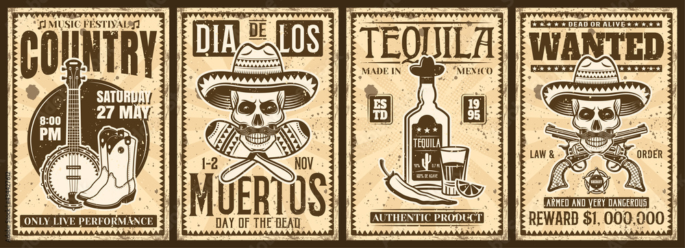 Mexico and wild west thematic set of four vector vintage posters with grunge textures - obrazy, fototapety, plakaty 