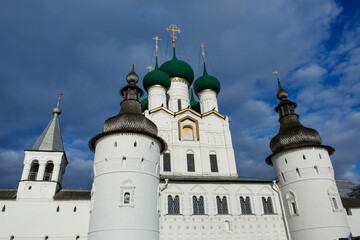 Rostov Kremlin. The wall towers and Orthodox Church of St. John the Theologian. Rostov the Great, a popular travel destination of tourist route Golden Ring