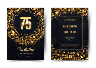 Wall Mural - 75th years birthday vector black paper luxury invitation double card. Seventy five years wedding anniversary celebration brochure. Template of invitational for print dark background with bokeh lights